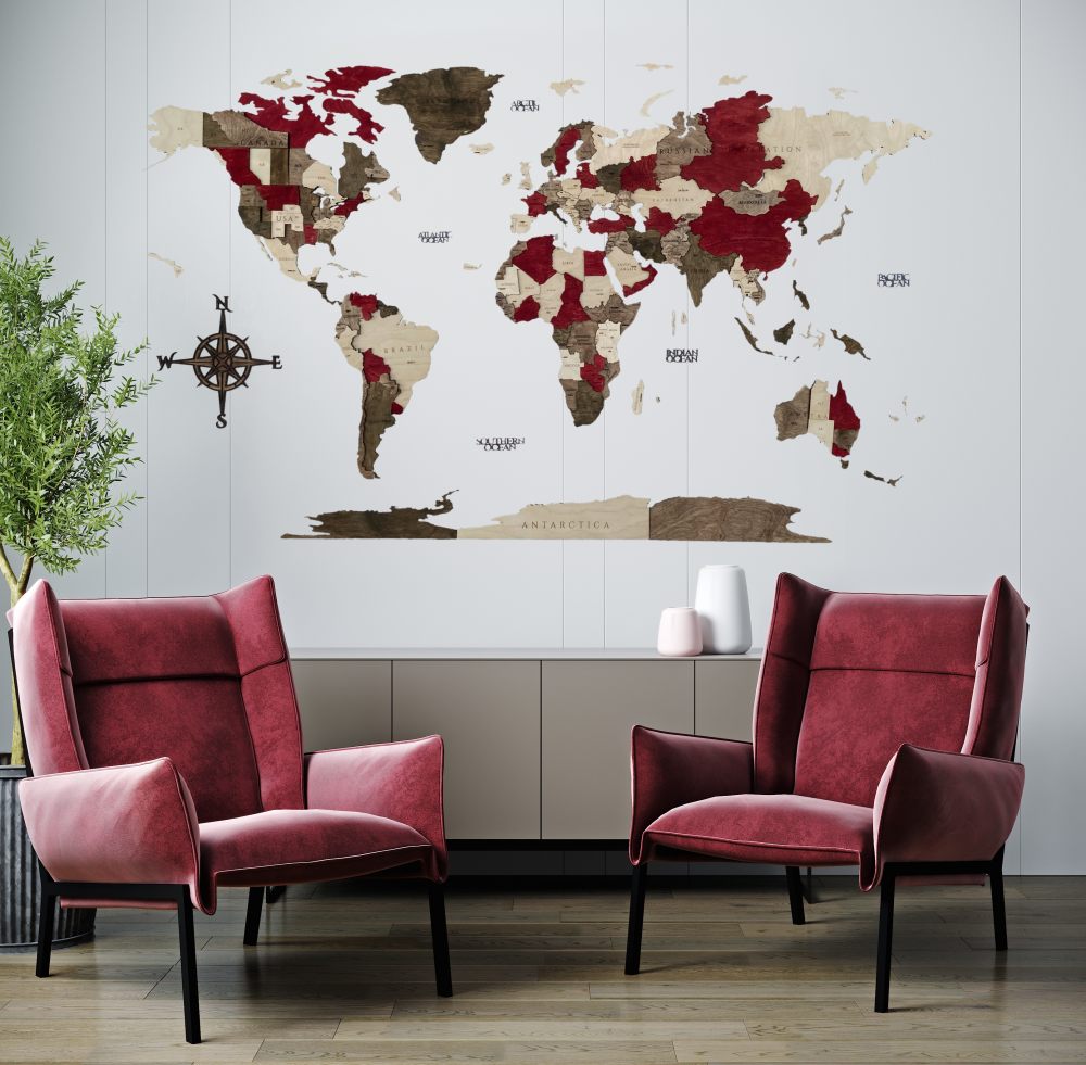 3D Παγκόσμιος Χάρτης Bordeaux Ξύλο Επιλογή LED